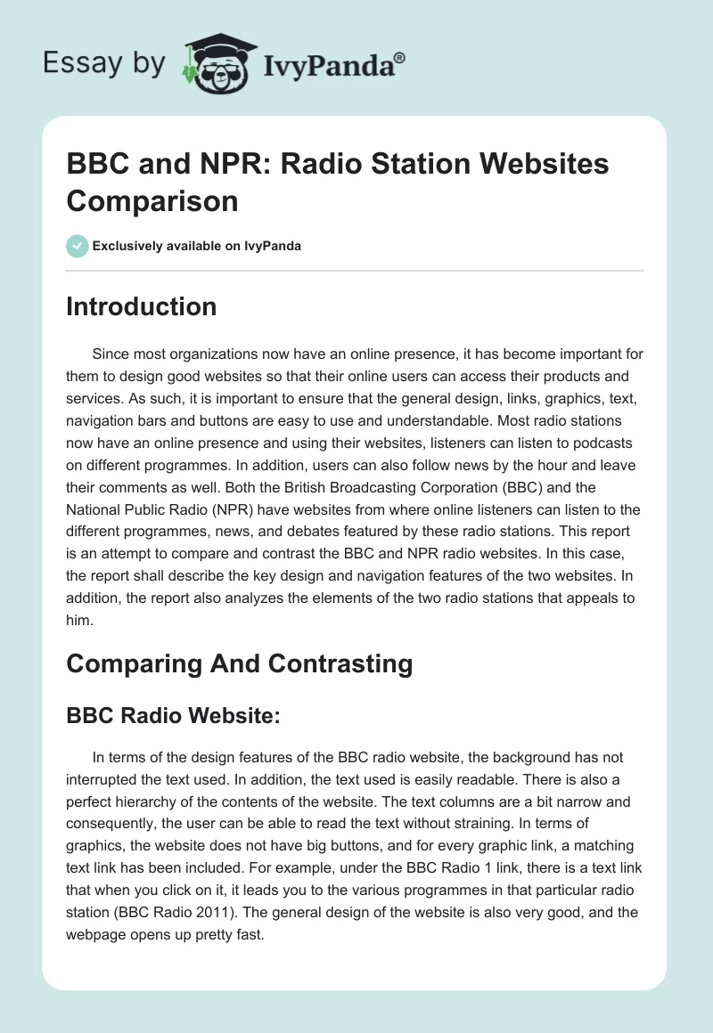 BBC and NPR: Radio Station Websites Comparison. Page 1