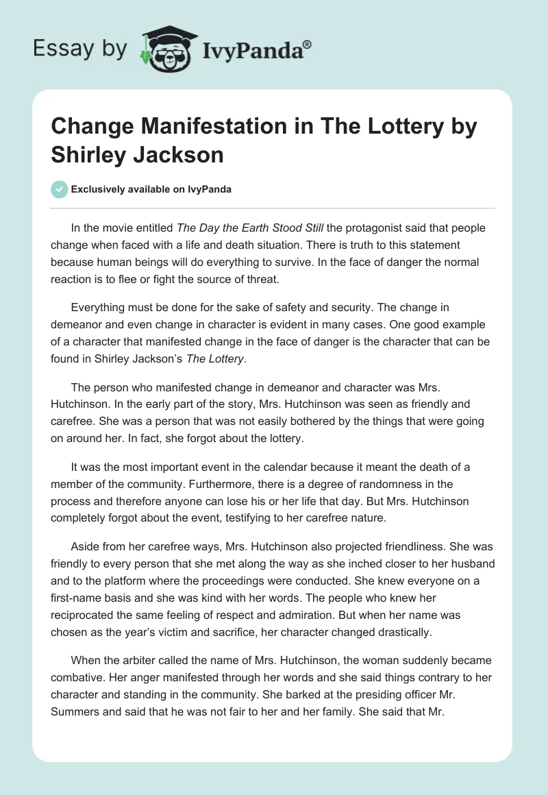 Change Manifestation in "The Lottery" by Shirley Jackson. Page 1