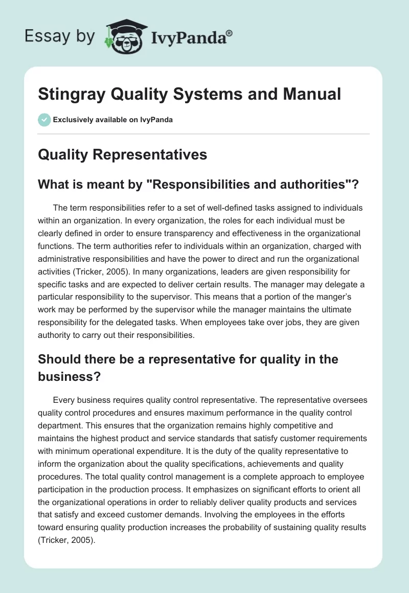 Stingray Quality Systems and Manual. Page 1