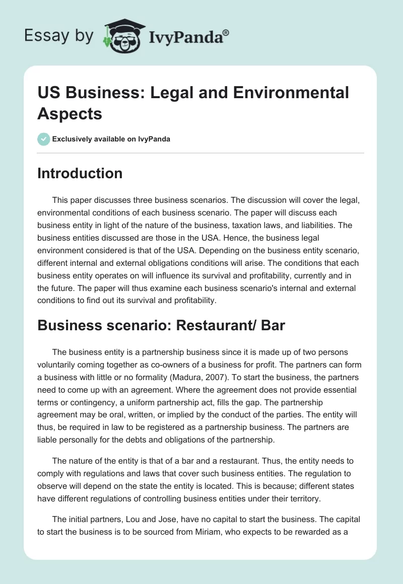 US Business: Legal and Environmental Aspects. Page 1