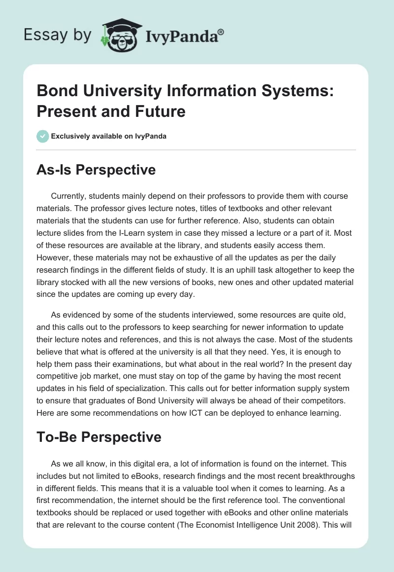 Bond University Information Systems: Present and Future. Page 1