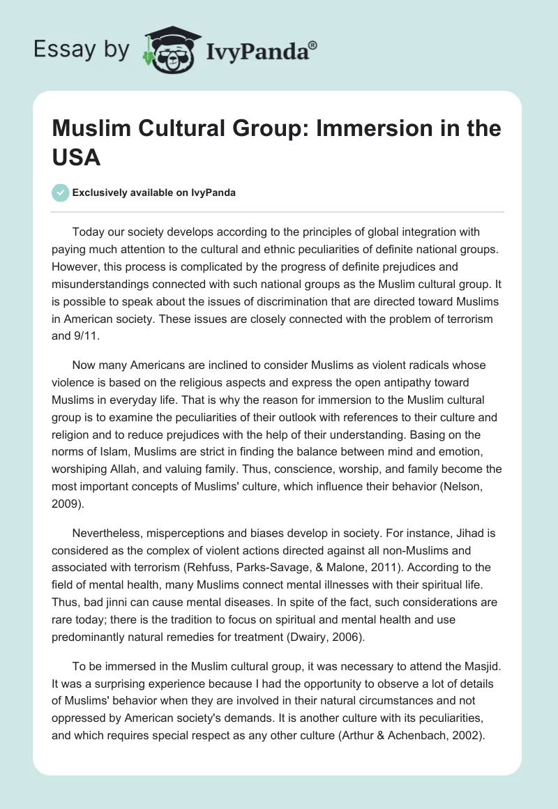Muslim Cultural Group: Immersion in the USA. Page 1