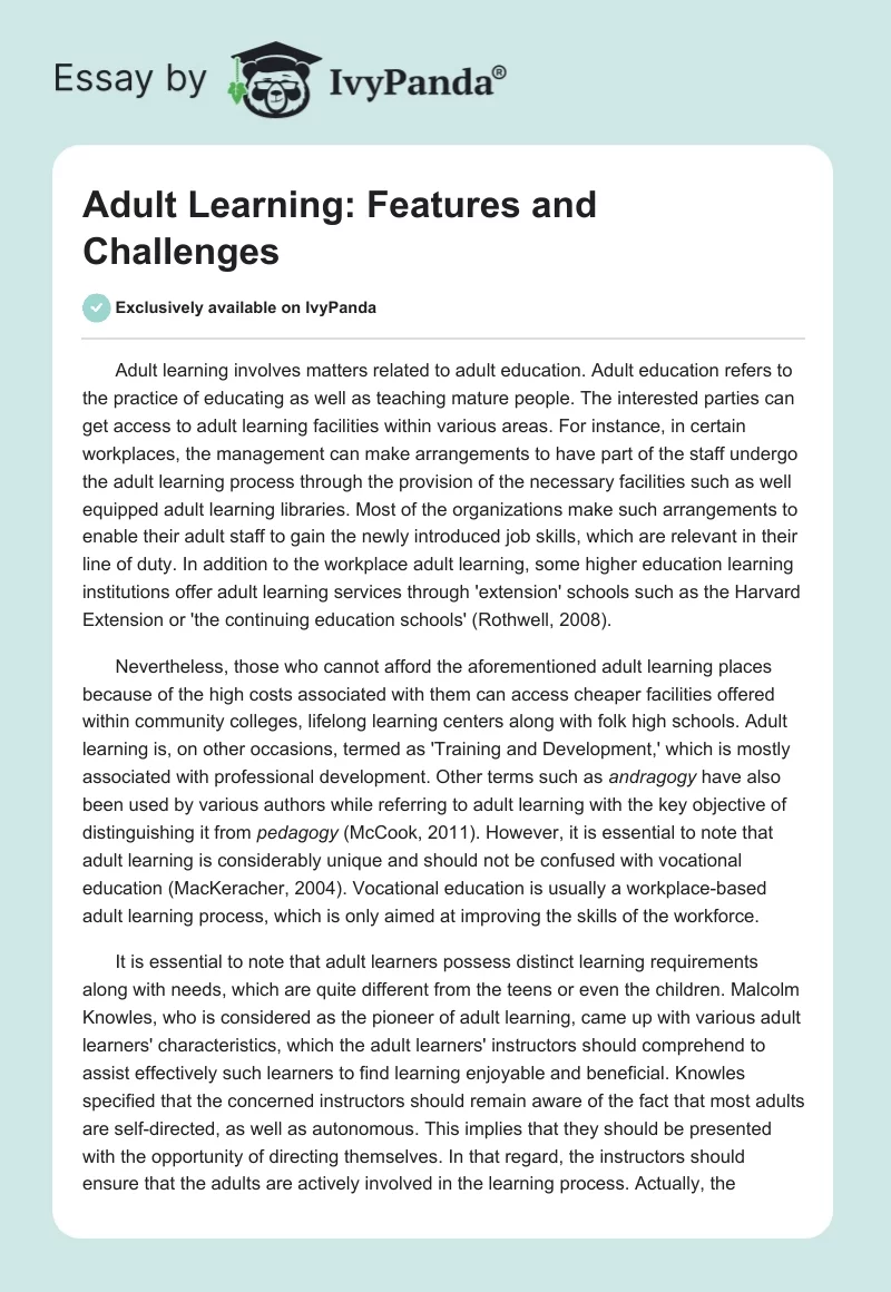 Adult Learning: Features and Challenges. Page 1
