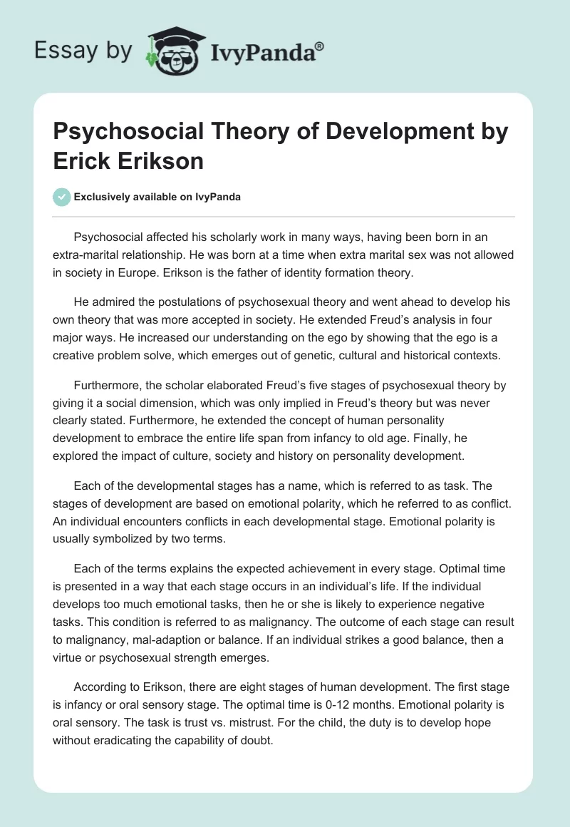 Psychosocial Theory of Development by Erick Erikson. Page 1
