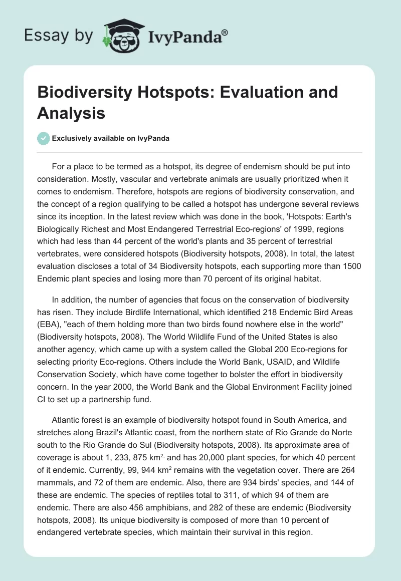 Biodiversity Hotspots: Evaluation and Analysis. Page 1