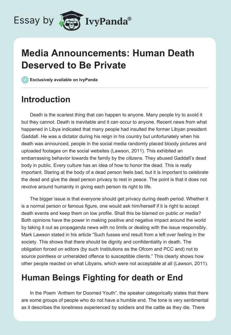 Media Announcements: Human Death Deserved to Be Private. Page 1