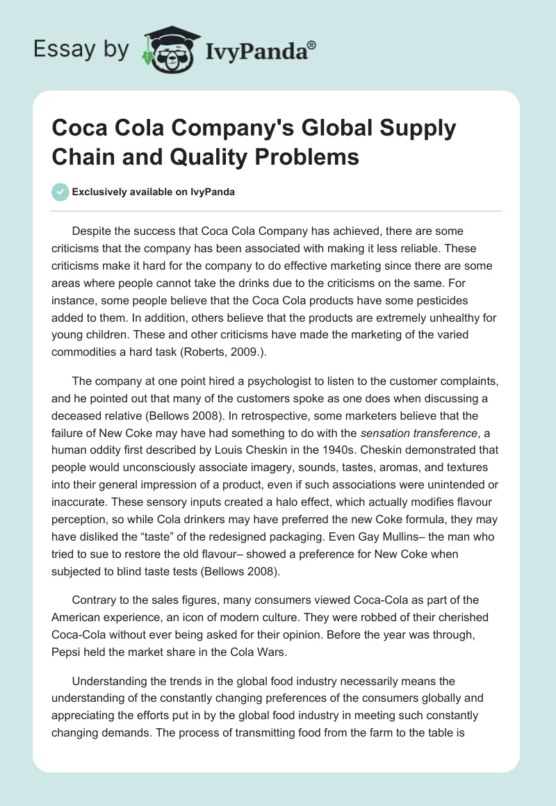 Coca Cola Company's Global Supply Chain and Quality Problems. Page 1
