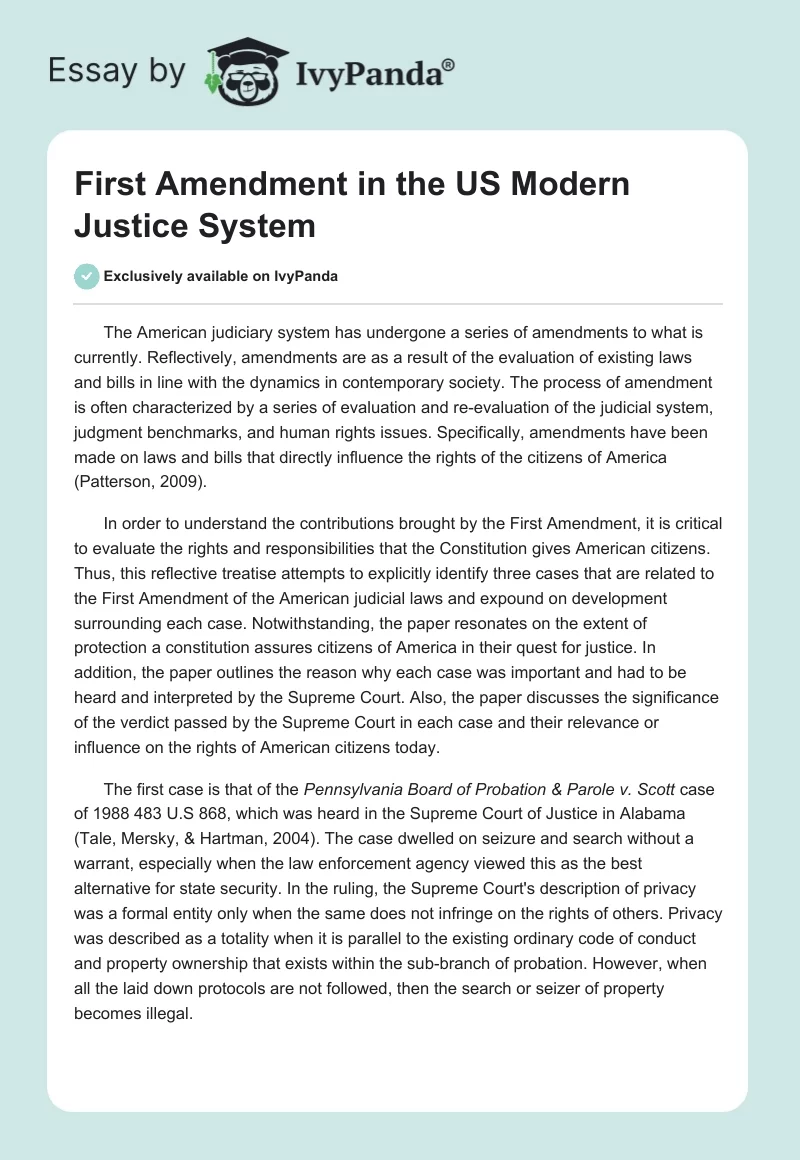 First Amendment in the US Modern Justice System. Page 1