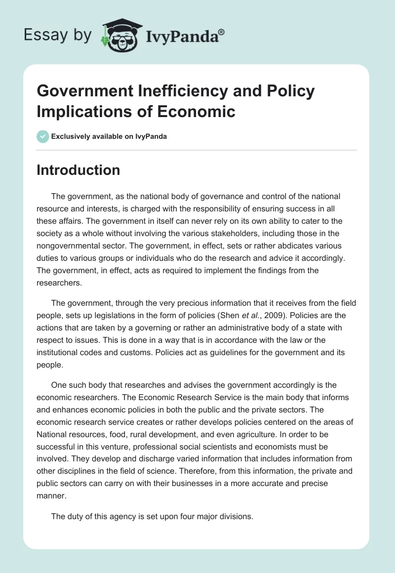 Government Inefficiency and Policy Implications of Economic. Page 1