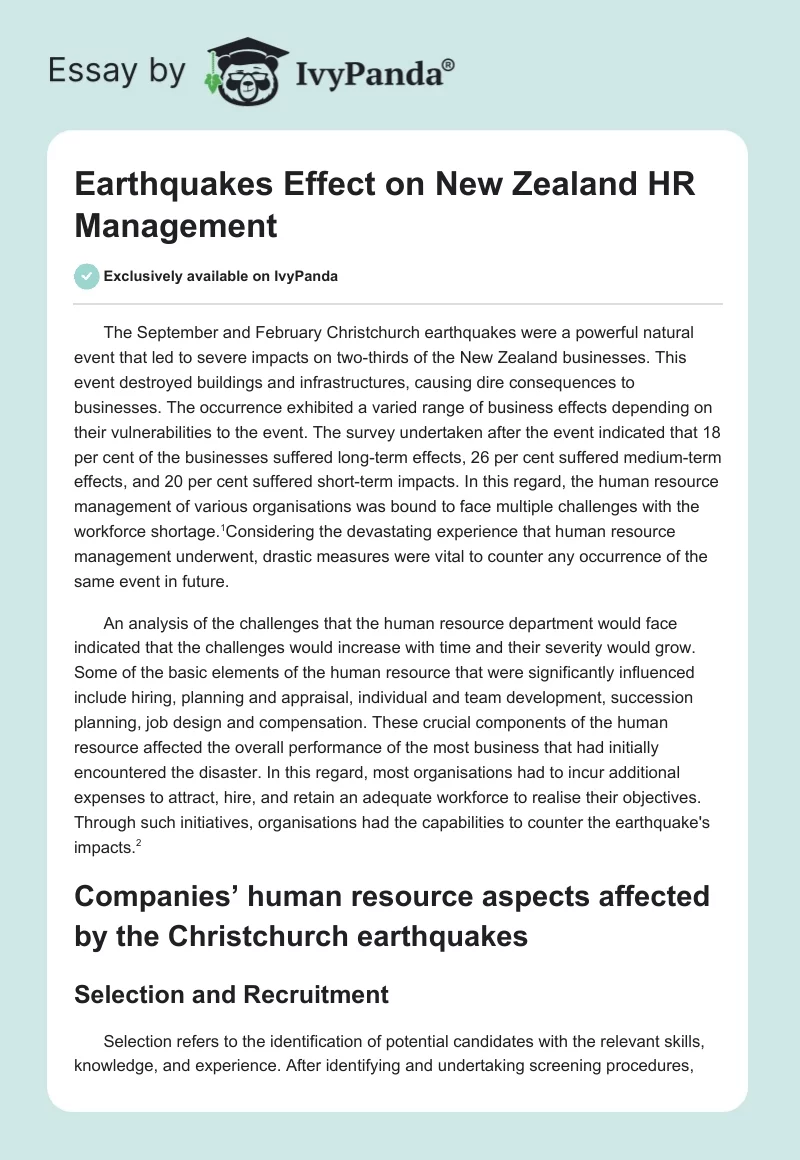 Earthquakes Effect on New Zealand HR Management. Page 1