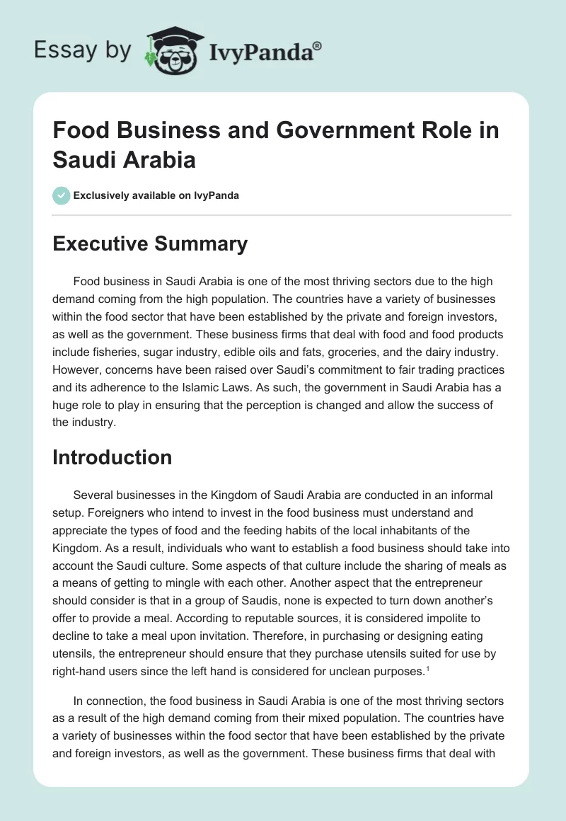 Food Business and Government Role in Saudi Arabia. Page 1