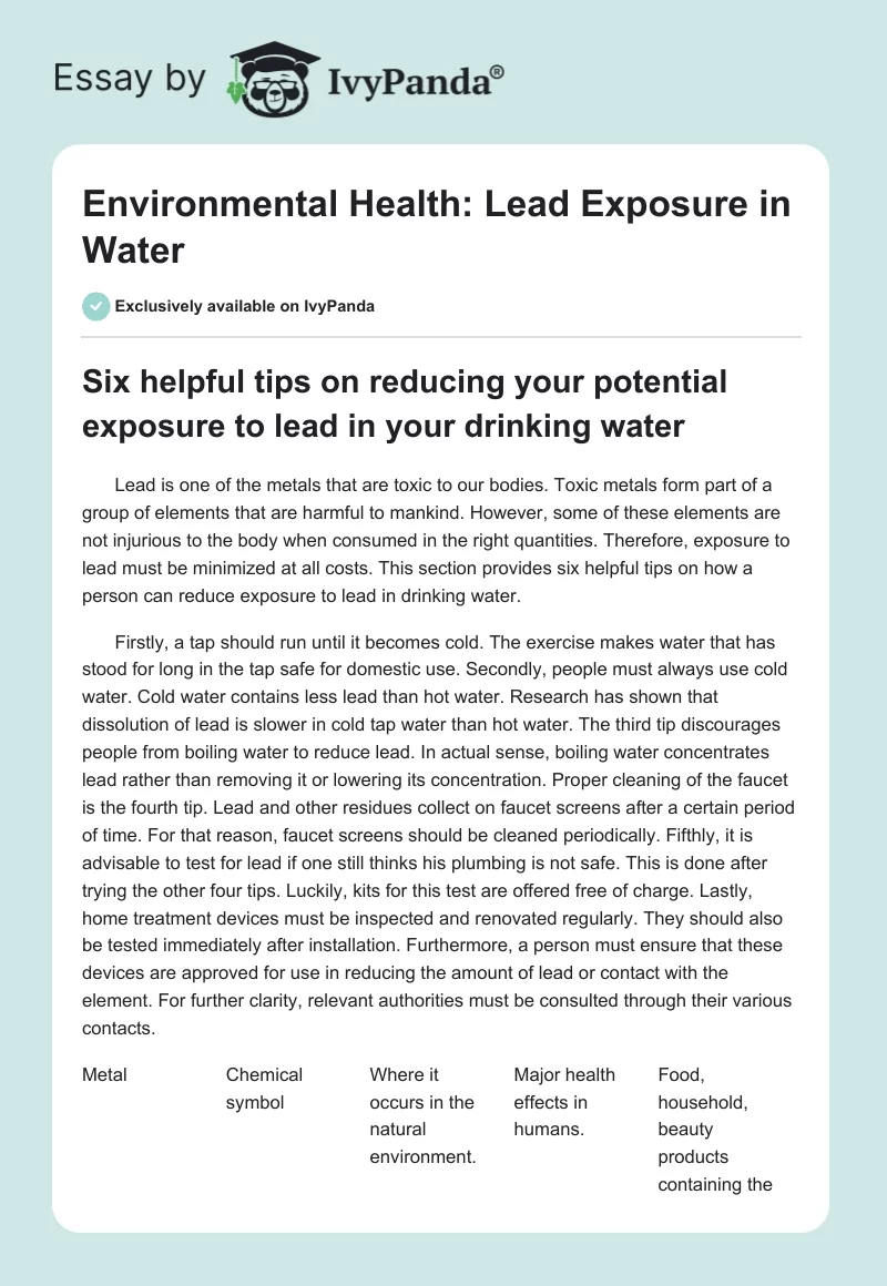 Environmental Health: Lead Exposure in Water. Page 1