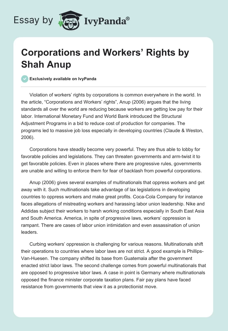"Corporations and Workers’ Rights" by Shah Anup. Page 1