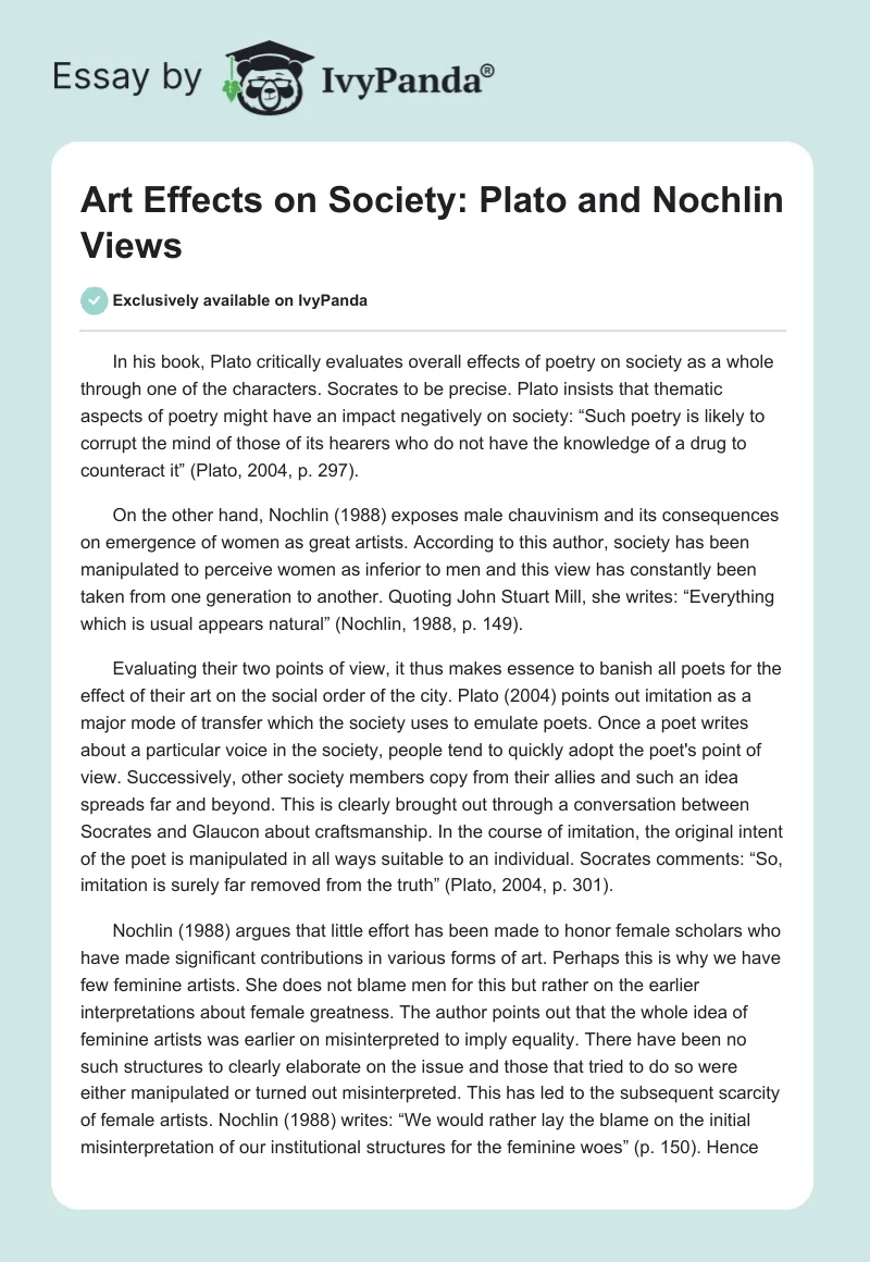 Art Effects on Society: Plato and Nochlin Views. Page 1