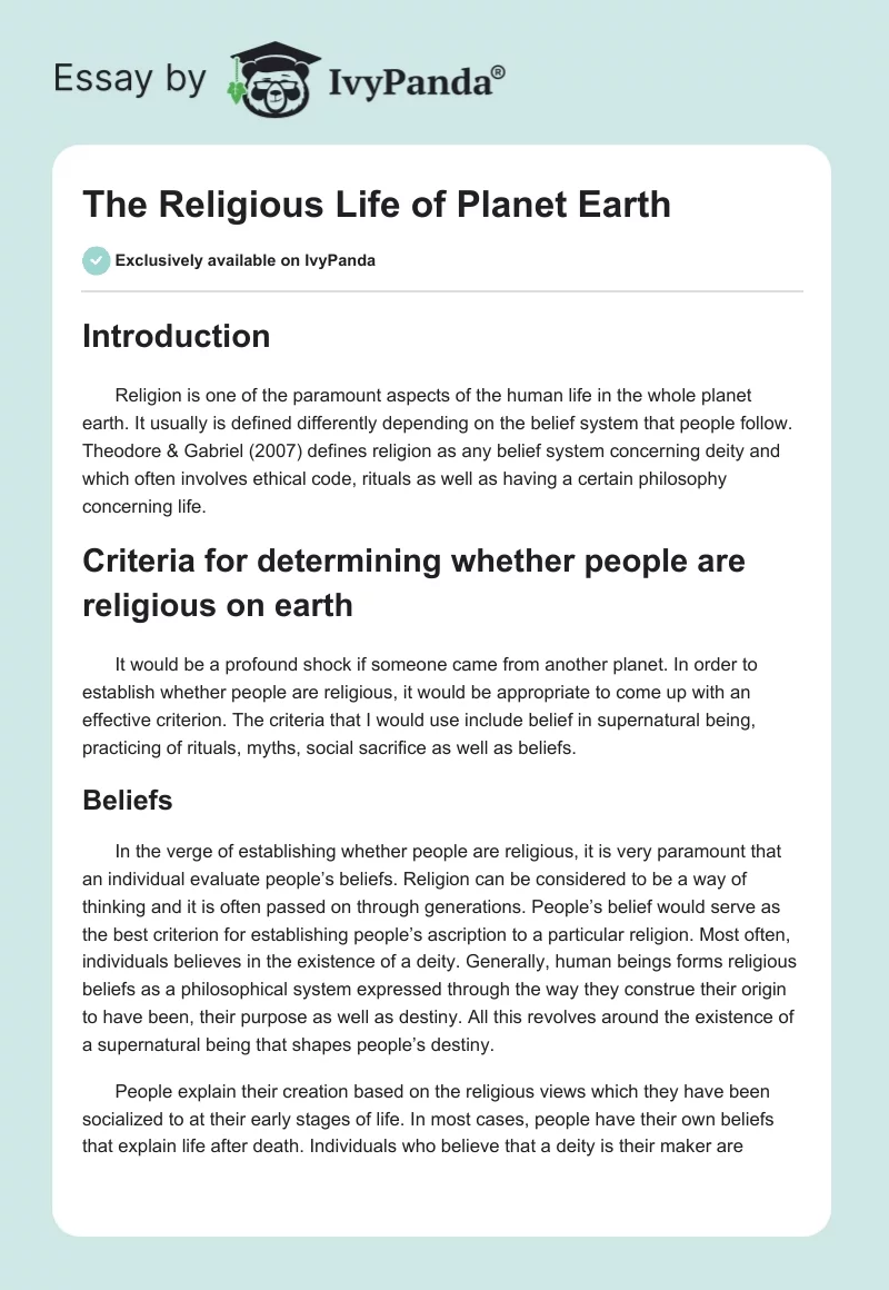 The Religious Life of Planet Earth. Page 1