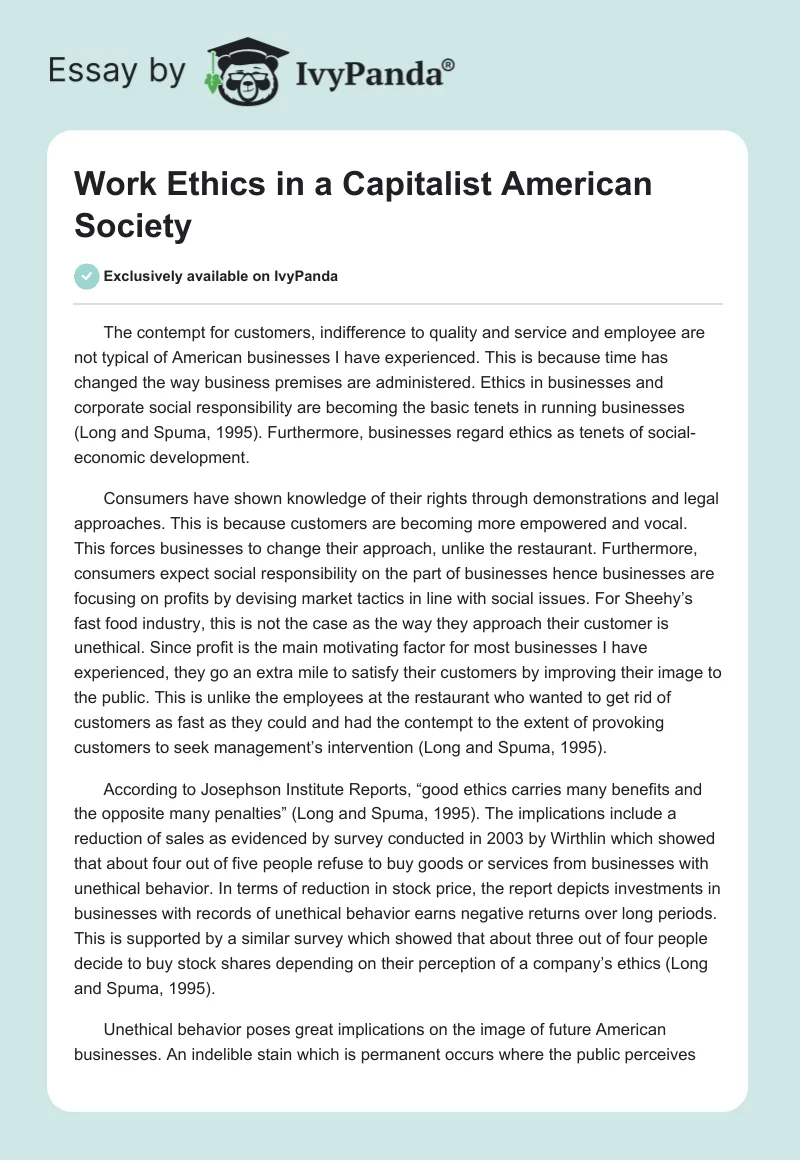 Work Ethics in a Capitalist American Society. Page 1