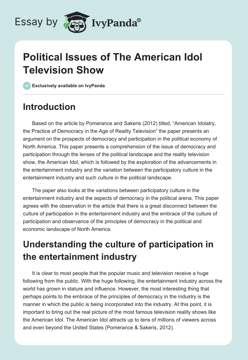 Political Issues of "The American Idol" Television Show. Page 1