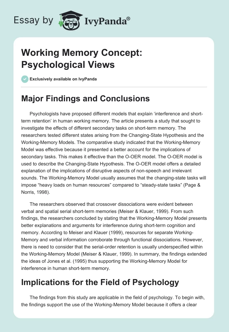 Working Memory Concept: Psychological Views. Page 1