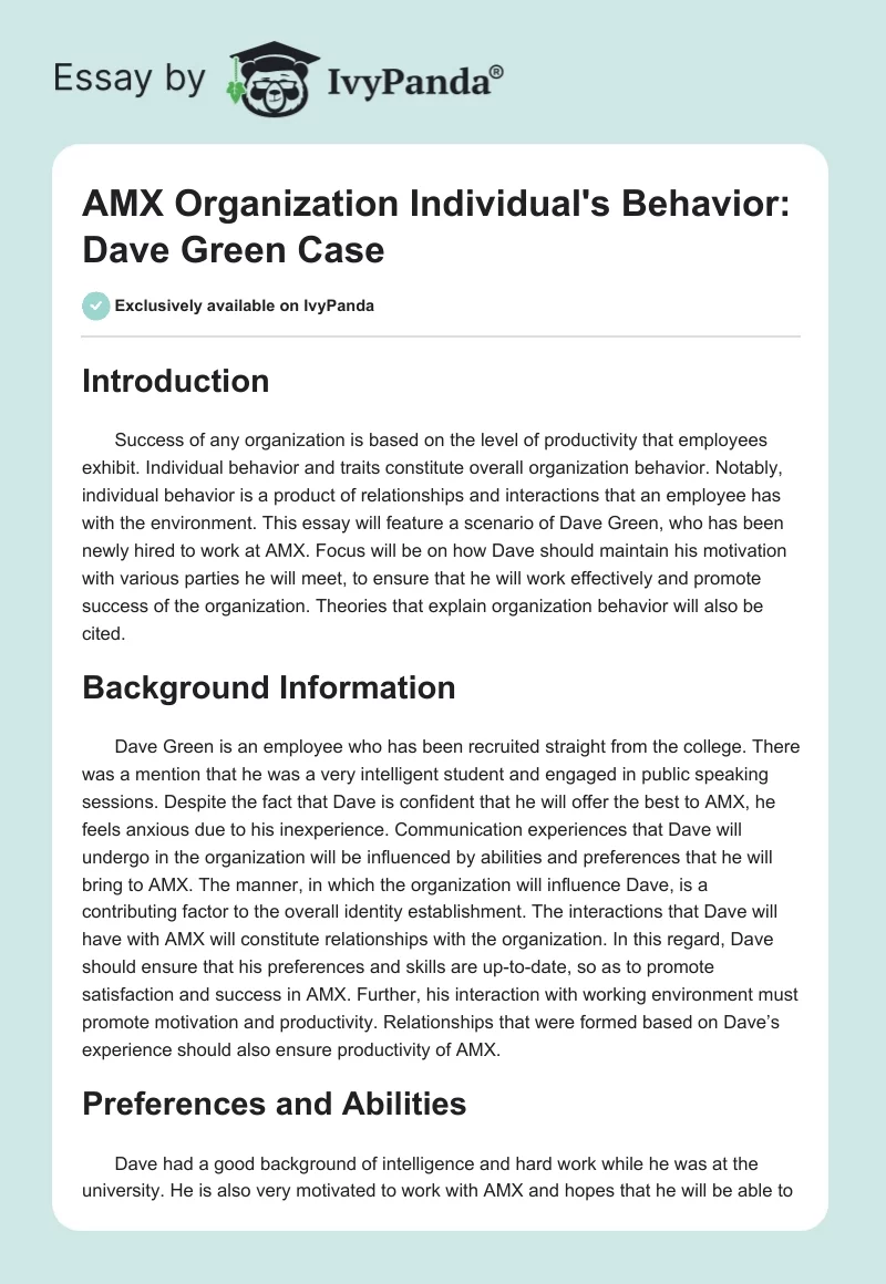 AMX Organization Individual's Behavior: Dave Green Case. Page 1