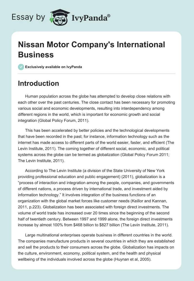 Nissan Motor Company's International Business. Page 1