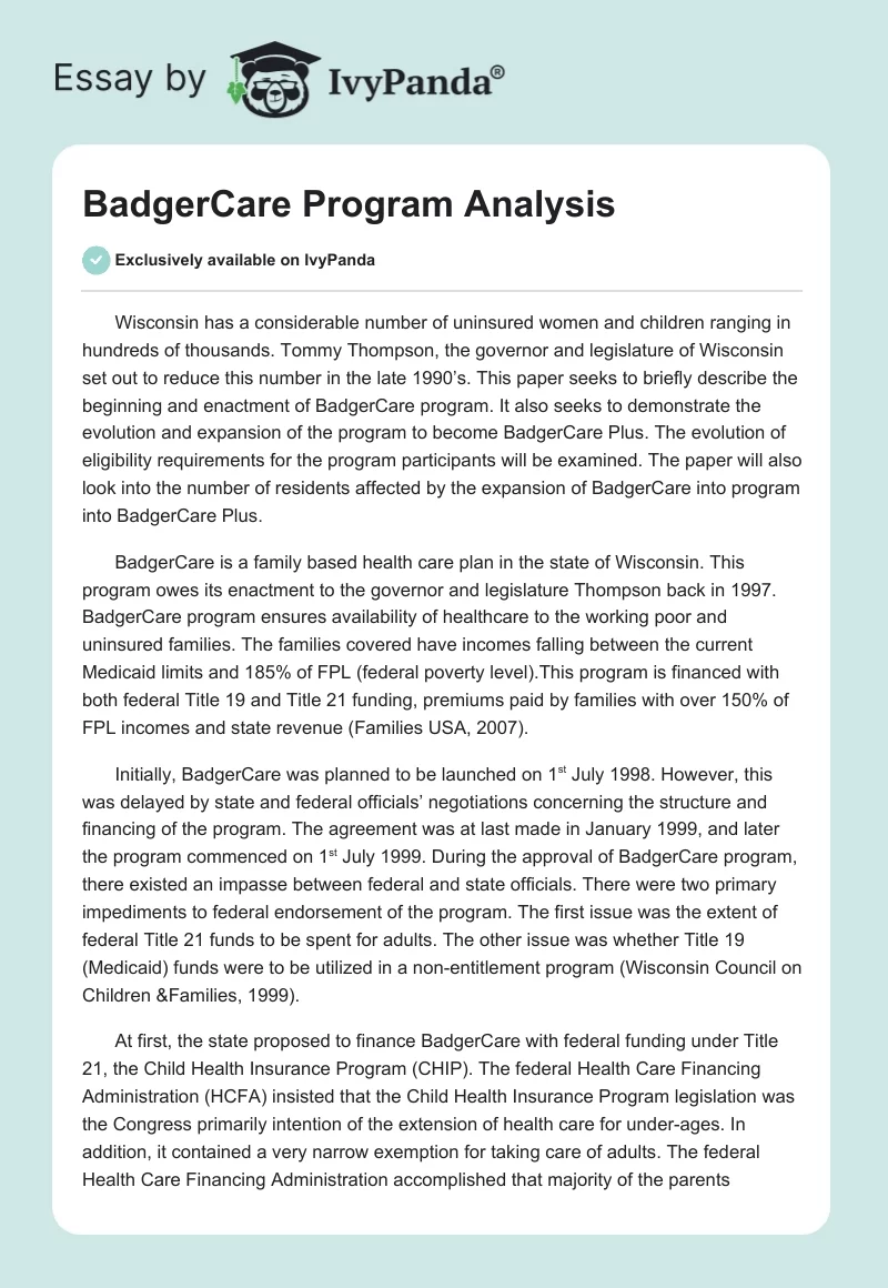 BadgerCare Program Analysis. Page 1