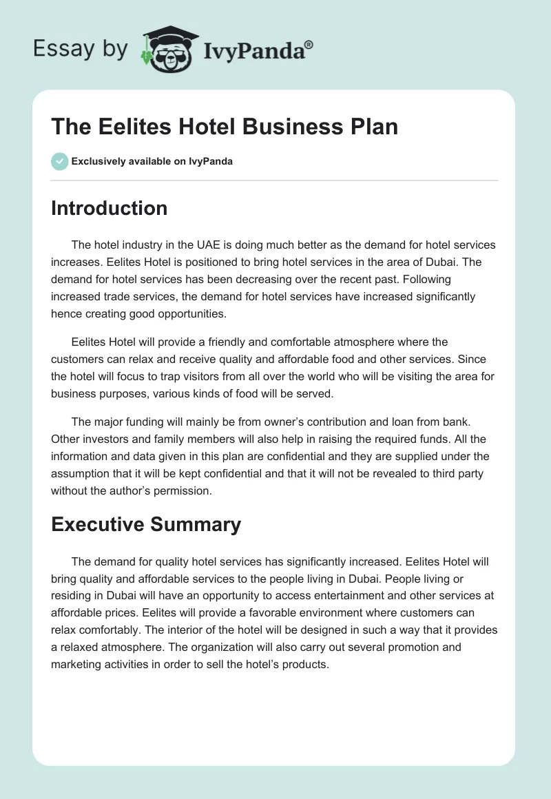 The Eelites Hotel Business Plan. Page 1
