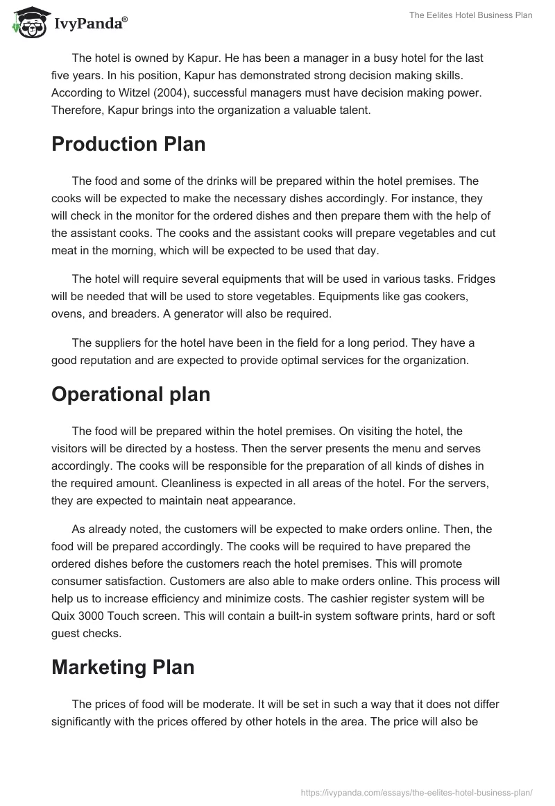 The Eelites Hotel Business Plan. Page 3