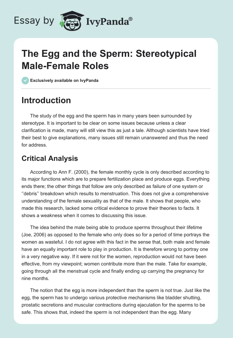 The Egg and the Sperm: Stereotypical Male-Female Roles. Page 1