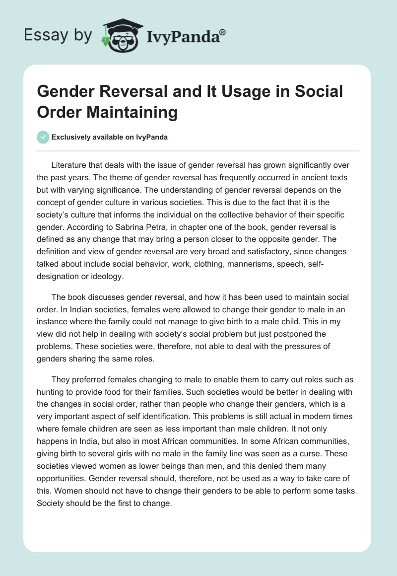 Gender Reversal and It Usage in Social Order Maintaining. Page 1