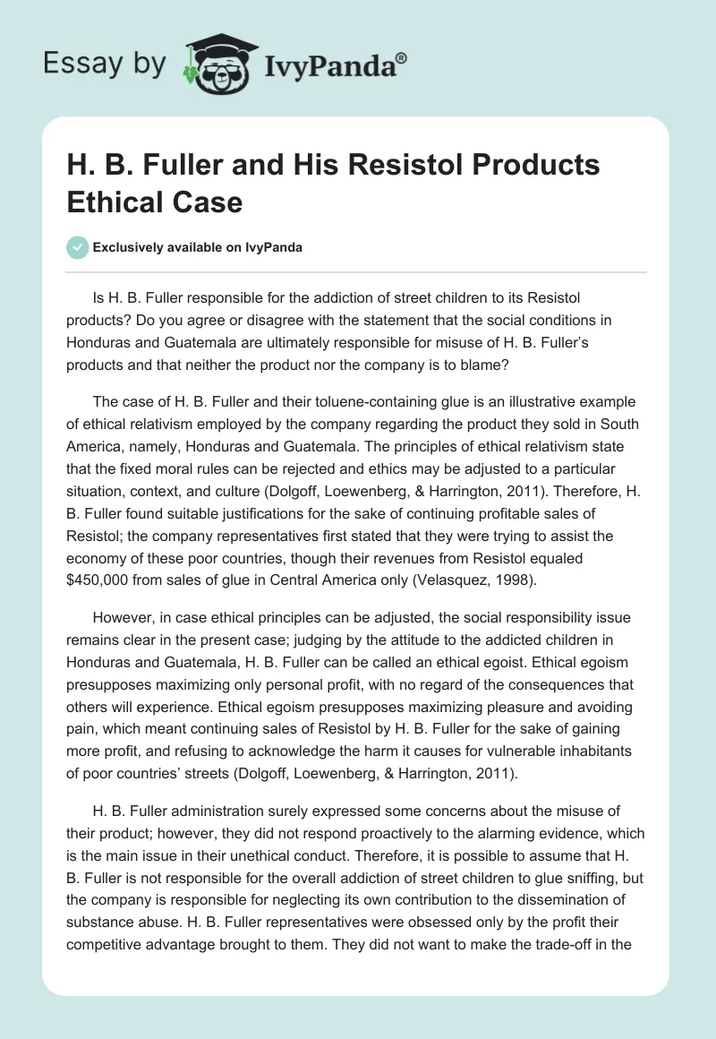 H. B. Fuller and His Resistol Products Ethical Case. Page 1