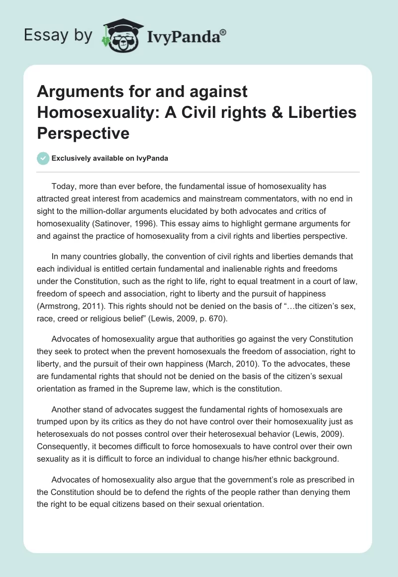 Arguments for and against Homosexuality: A Civil rights & Liberties Perspective. Page 1