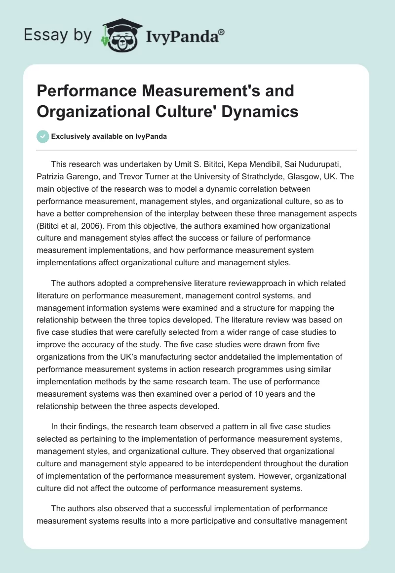 Performance Measurement's and Organizational Culture' Dynamics. Page 1