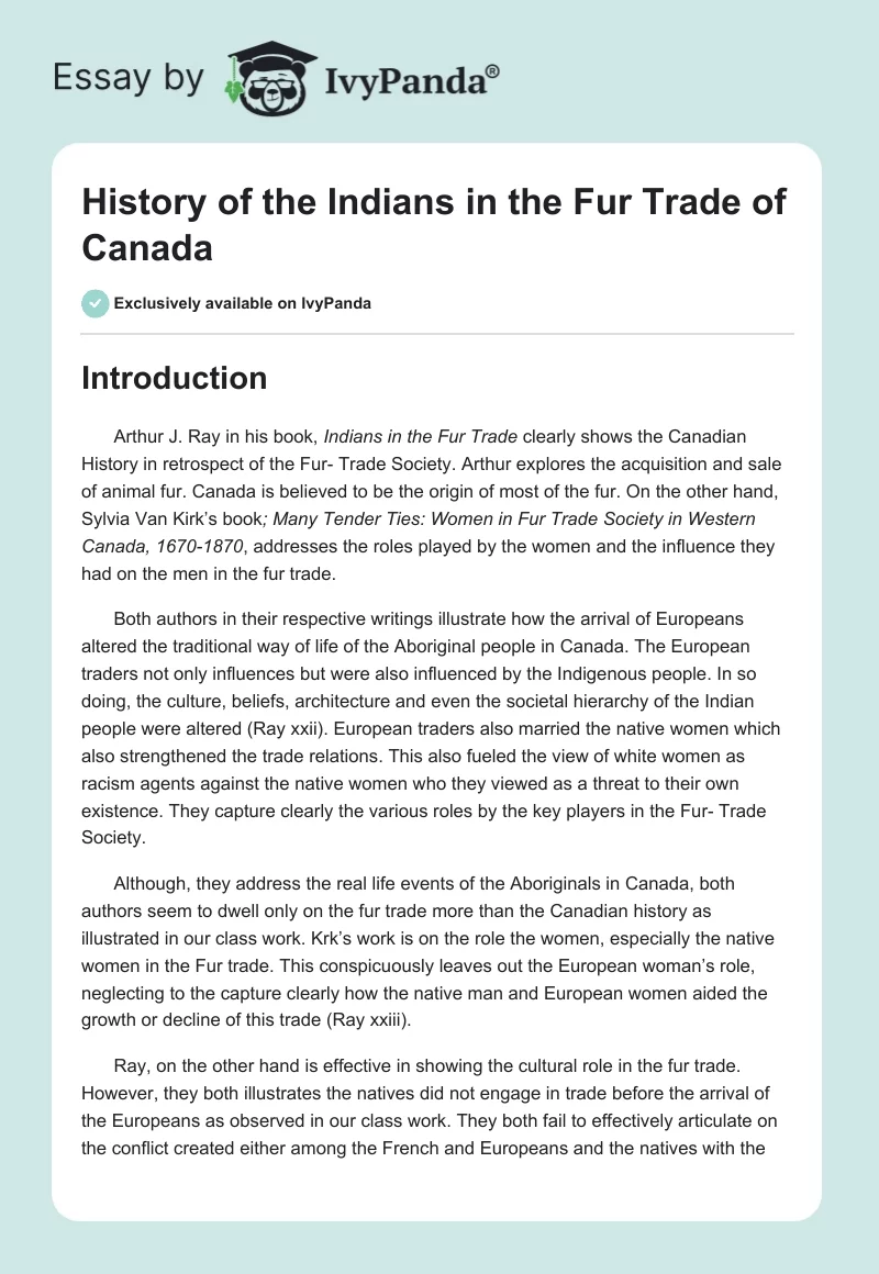 History of the Indians in the Fur Trade of Canada. Page 1