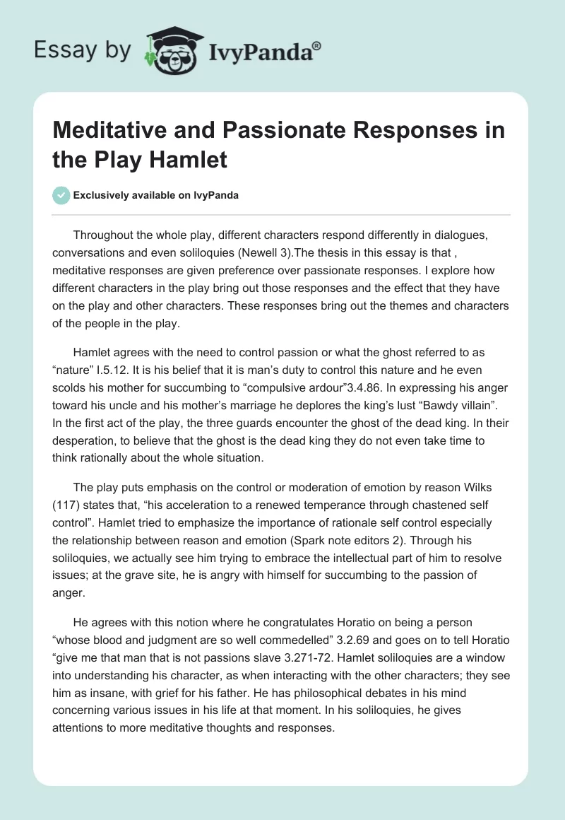 Meditative and Passionate Responses in the Play "Hamlet". Page 1