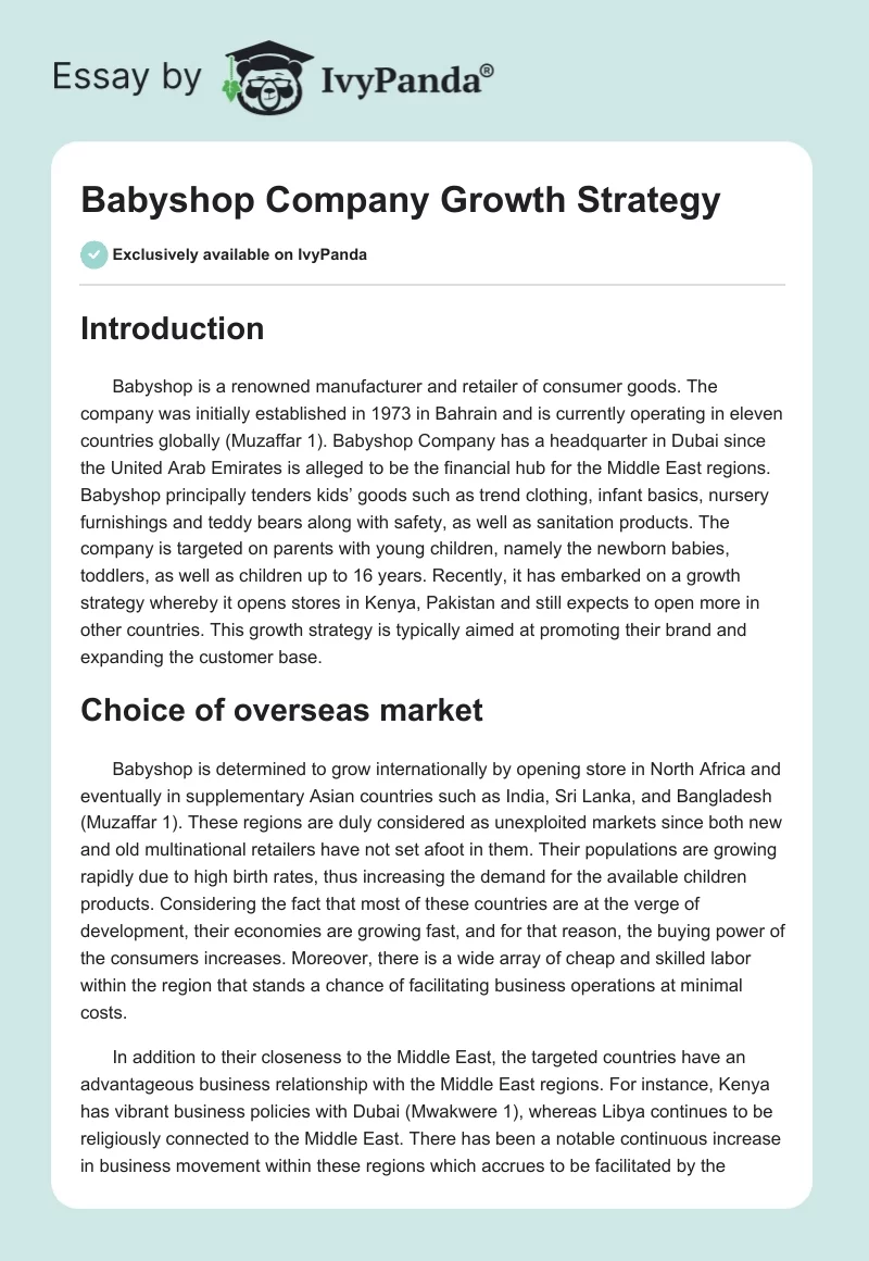Babyshop Company Growth Strategy. Page 1