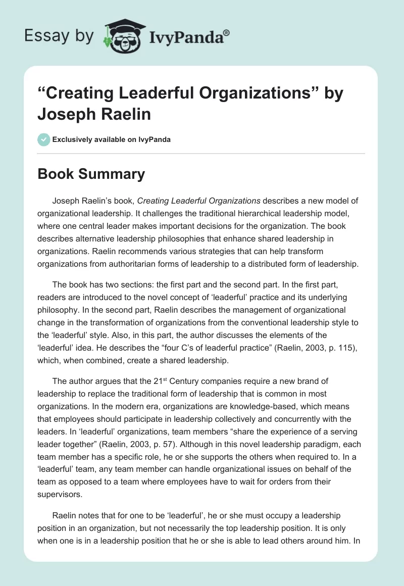 “Creating Leaderful Organizations” by Joseph Raelin. Page 1