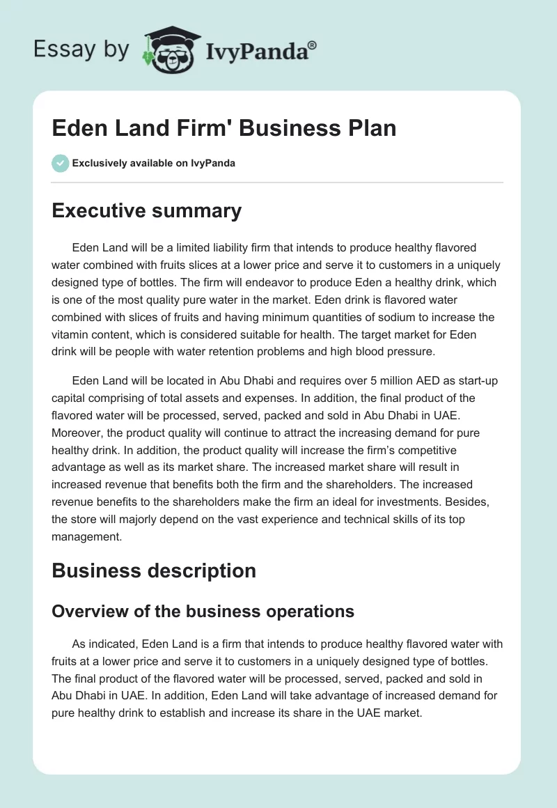 Eden Land Firm' Business Plan. Page 1