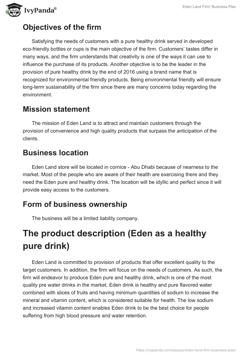 Eden Land Firm' Business Plan. Page 2