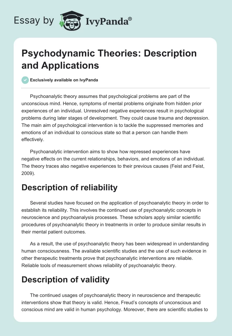 Psychodynamic Theories: Description and Applications. Page 1
