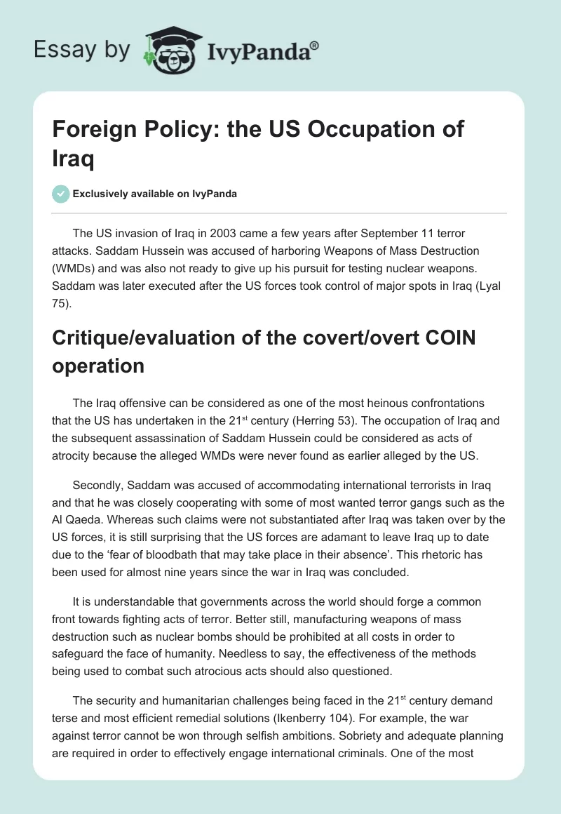 Foreign Policy: the US Occupation of Iraq. Page 1