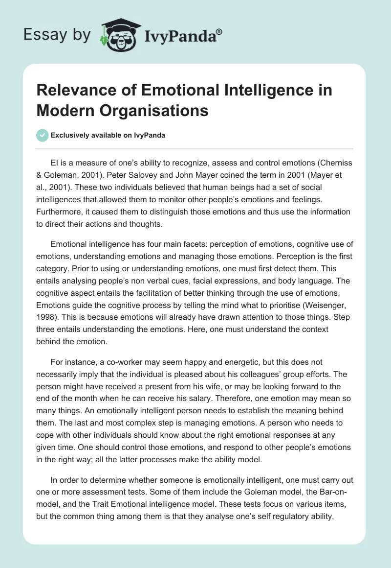 Relevance of Emotional Intelligence in Modern Organisations. Page 1
