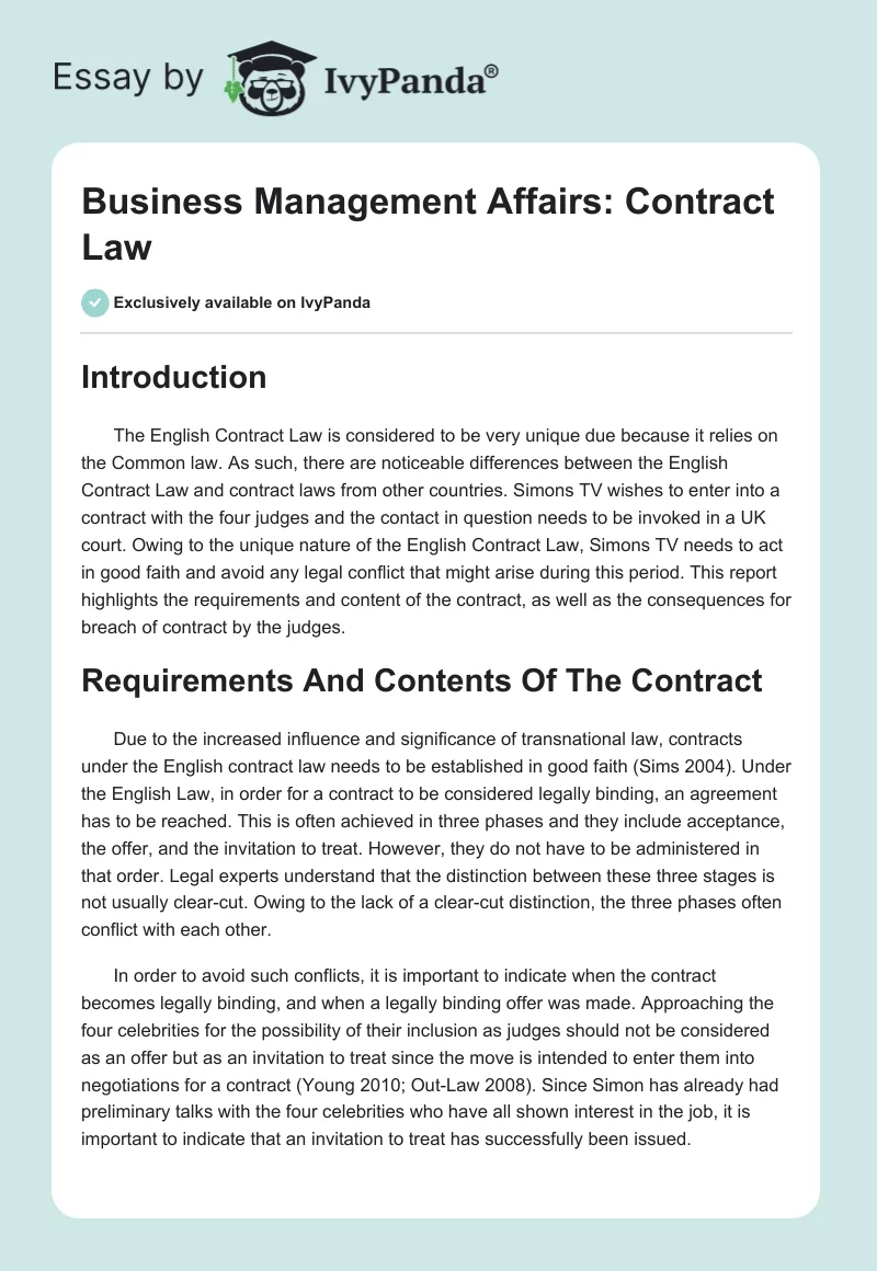 Business Management Affairs: Contract Law. Page 1