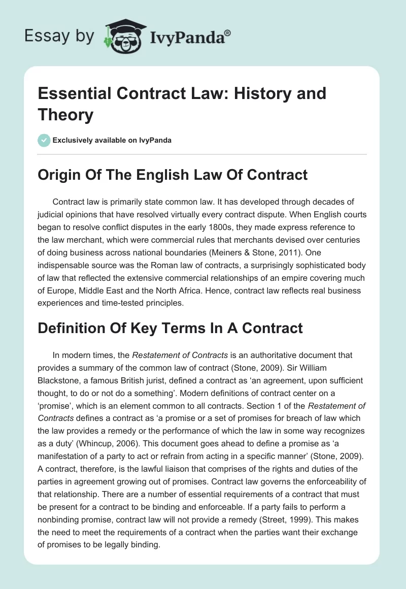Essential Contract Law: History and Theory. Page 1