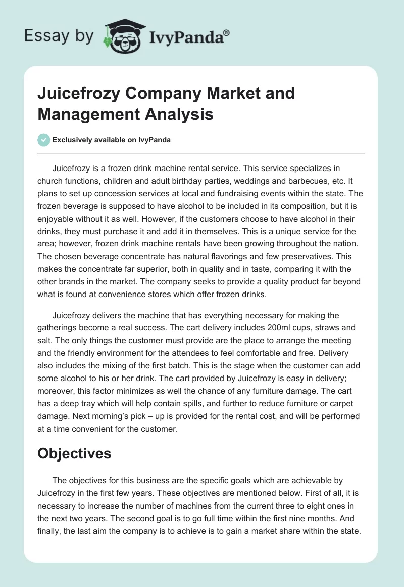 Juicefrozy Company Market and Management Analysis. Page 1