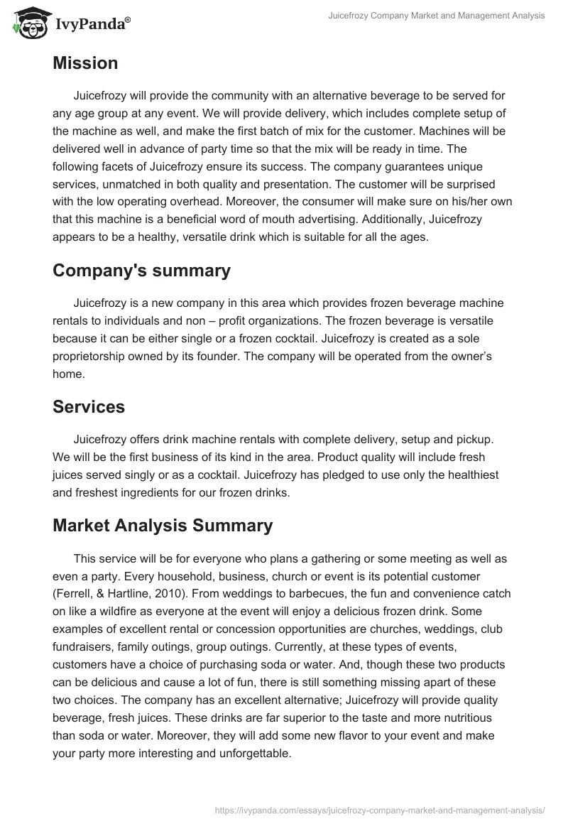 Juicefrozy Company Market and Management Analysis. Page 2