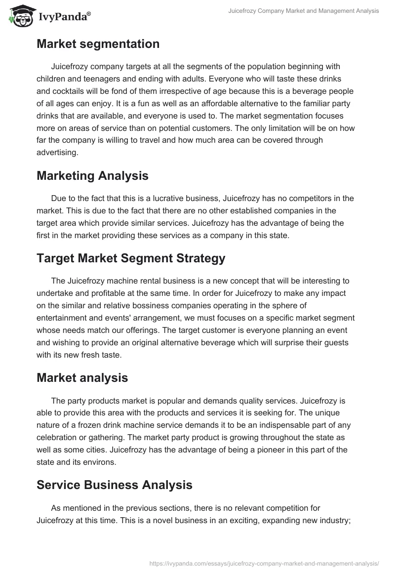 Juicefrozy Company Market and Management Analysis. Page 3