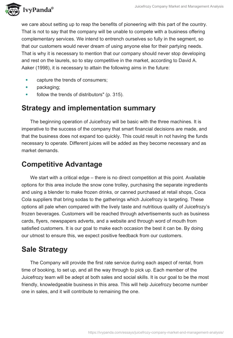 Juicefrozy Company Market and Management Analysis. Page 4