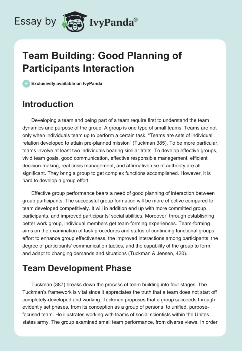 Team Building: Good Planning of Participants Interaction. Page 1