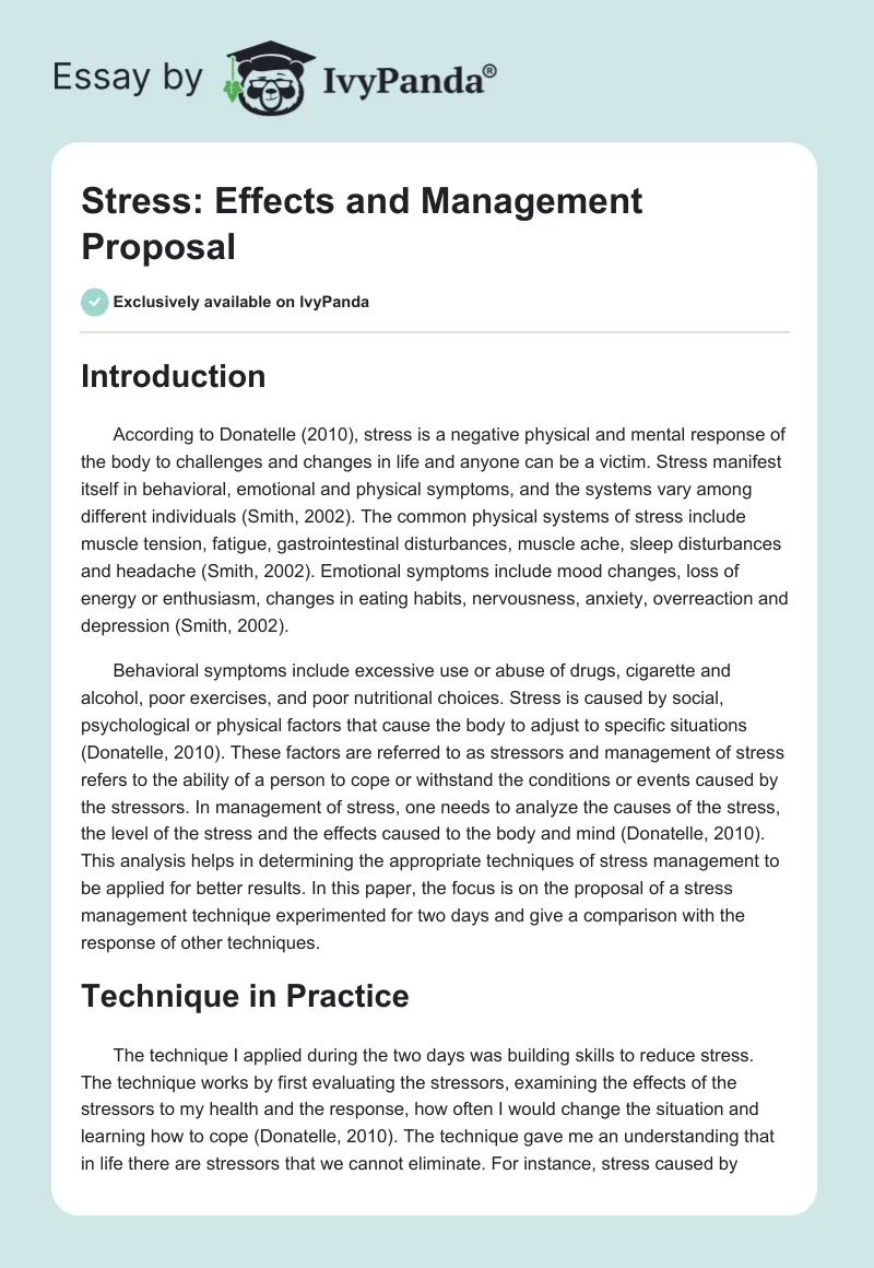 Stress: Effects and Management Proposal. Page 1