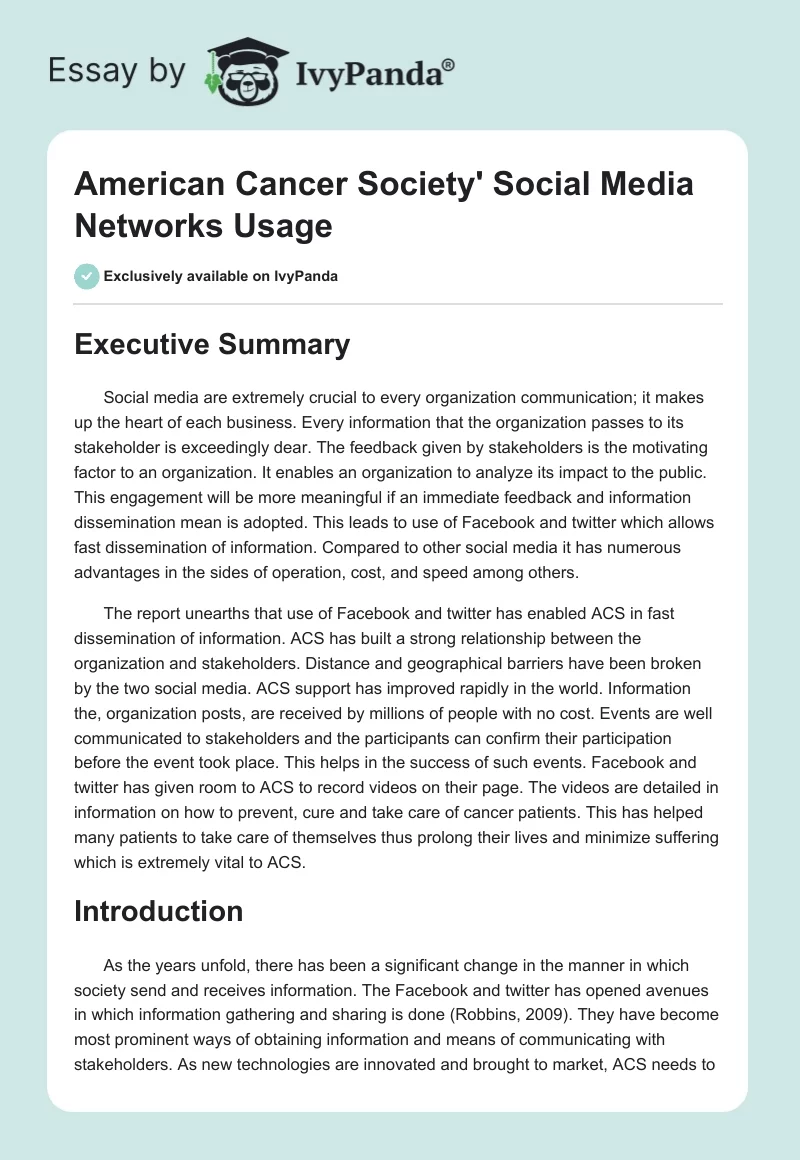American Cancer Society' Social Media Networks Usage. Page 1